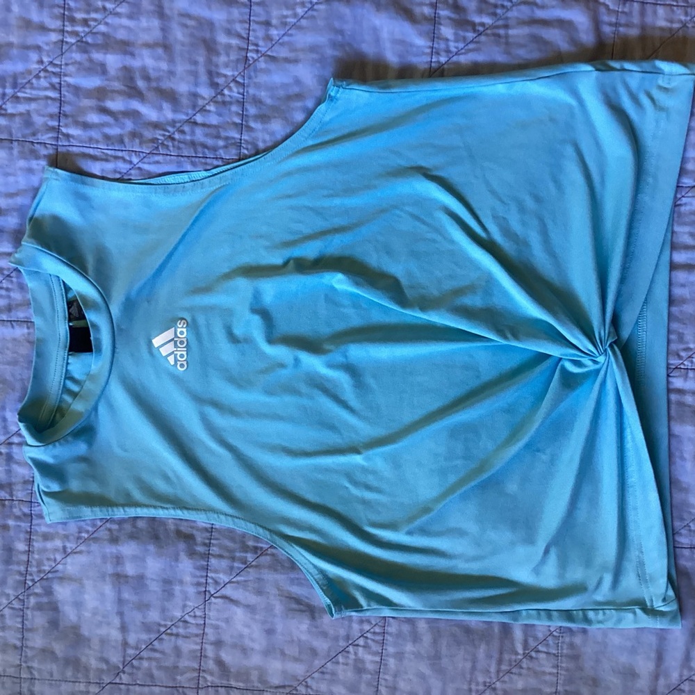Cute Adidas Blue Sleeveless Muscle Tee, Tie Front, Women’s size Medium